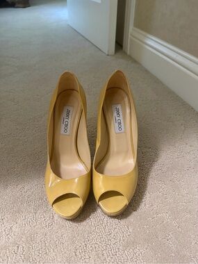 Jimmy Choo Beige Patent Leather Peep-Toe Pumps